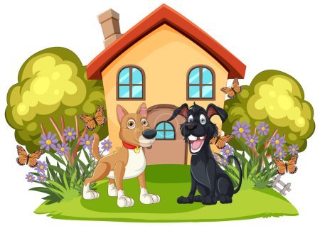 Téléchargez les illustrations : Deux chiens joyeux devant une jolie maison - en licence libre de droit