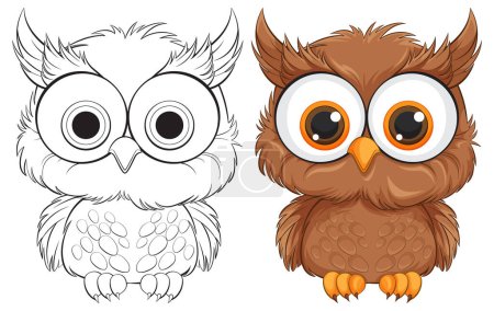 Illustration for Two stylized owls, one outlined, one colored. - Royalty Free Image