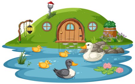 Photo for Ducks swimming by a whimsical hillside home - Royalty Free Image