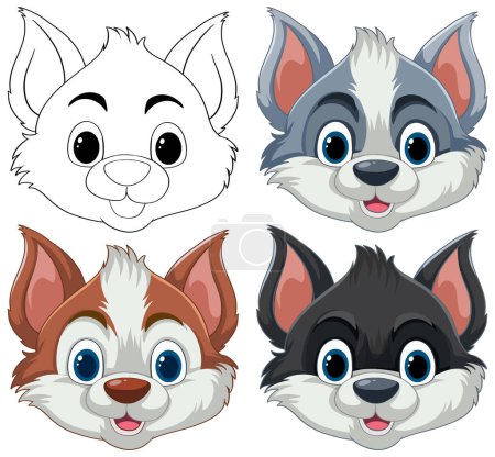 Téléchargez les illustrations : Quatre visages stylisés de chien de dessin animé avec différentes couleurs - en licence libre de droit
