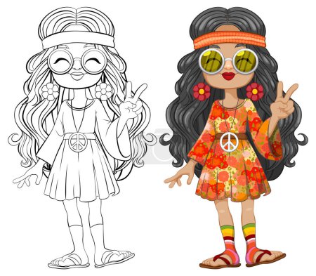 Illustration for Colorful and black-and-white 70s themed girl characters. - Royalty Free Image