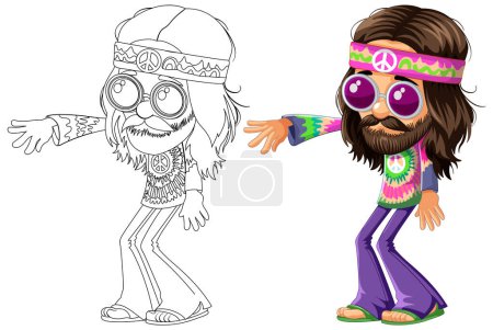 Illustration for Colorful and black-and-white hippie characters side by side. - Royalty Free Image