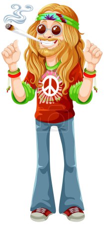 Téléchargez les illustrations : Dessin animé hippie avec signe de paix et joint fumeur. - en licence libre de droit