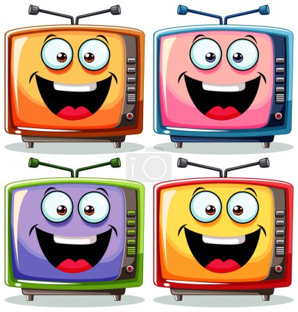Téléchargez les illustrations : Quatre personnages de télévision animés souriants. - en licence libre de droit