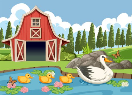 Téléchargez les illustrations : Illustration vectorielle de canards dans un cadre agricole serein - en licence libre de droit