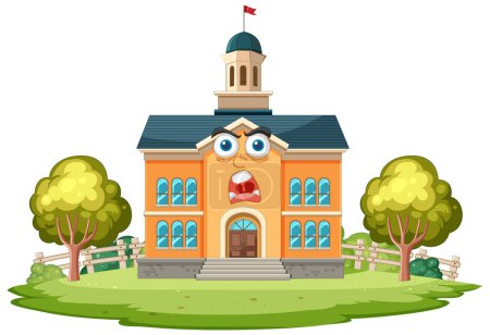Téléchargez les illustrations : Bâtiment scolaire animé avec une expression surprise - en licence libre de droit