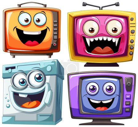 Ilustración de Colorido, electrónica del hogar animada con caras felices - Imagen libre de derechos