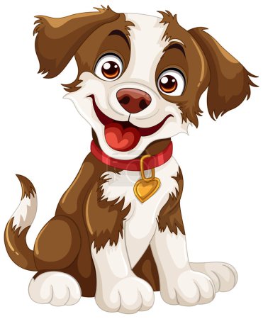 Ilustración de Un alegre perro de dibujos animados sentado con un collar rojo - Imagen libre de derechos
