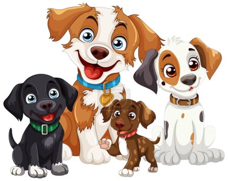 Téléchargez les illustrations : Quatre chiens de dessin animé mignons posant ensemble heureusement. - en licence libre de droit