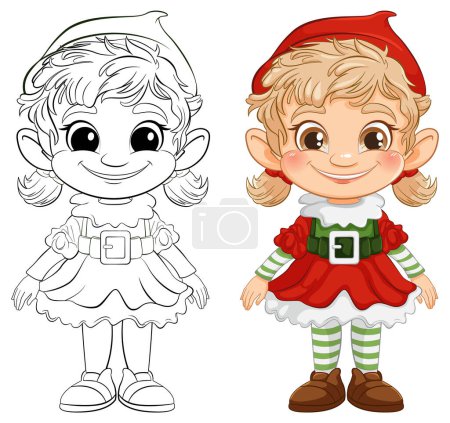 Colorful and outlined versions of a happy elf.