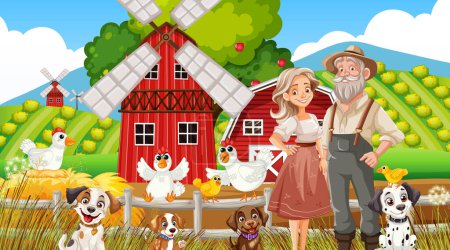 Ilustración de Ilustración de agricultores alegres con perros y pollos - Imagen libre de derechos