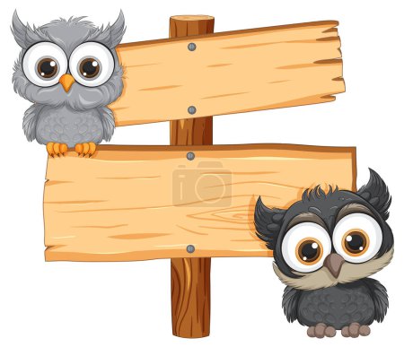 Illustration for Two adorable owls perched beside a signpost. - Royalty Free Image