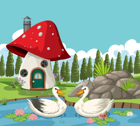 Illustration for Two ducks swimming by a whimsical mushroom abode - Royalty Free Image