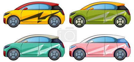 Téléchargez les illustrations : Quatre voitures vectorielles stylisées avec des motifs vibrants - en licence libre de droit