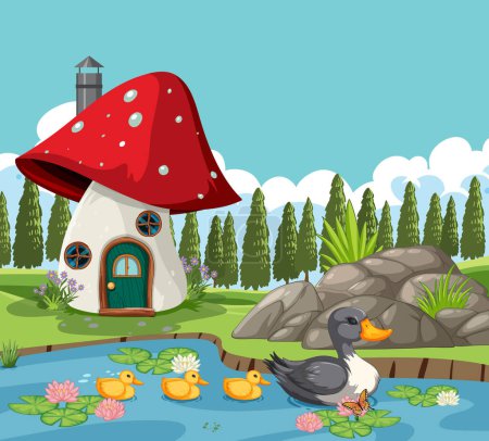 Illustration colorée de canards près d'une maison de champignons