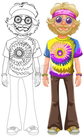 Illustration for Colorful and black-and-white hippie character vector. - Royalty Free Image