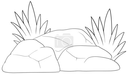 Illustration for Simple line art of rocks and plants. - Royalty Free Image