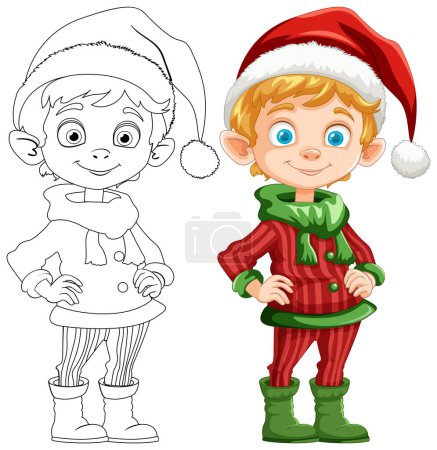 Téléchargez les illustrations : Personnages elfes de Noël colorés et esquissés côte à côte. - en licence libre de droit