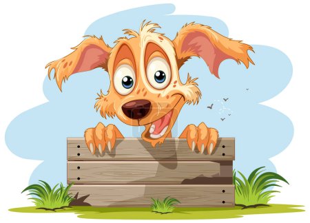 Illustration for Cartoon dog with big eyes over a wooden fence. - Royalty Free Image