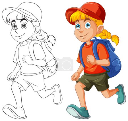 Illustration for Two kids with backpacks walking happily. - Royalty Free Image
