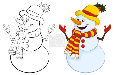 Téléchargez les photos : Deux bonhommes de neige souriants vêtus de vêtements d'hiver colorés. - en image libre de droit