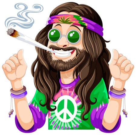 Illustration for Hippie cartoon character promoting peace and love. - Royalty Free Image