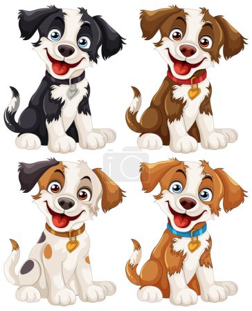 Ilustración de Cuatro lindos cachorros animados con expresiones lúdicas. - Imagen libre de derechos