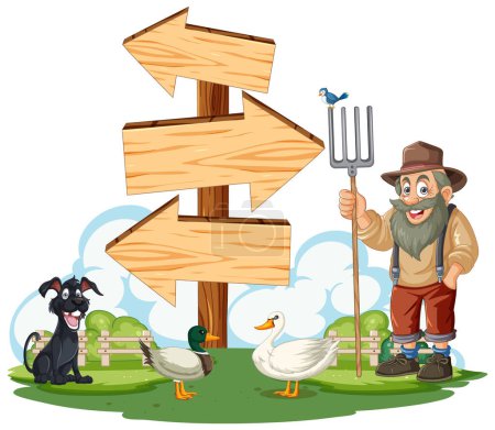 Téléchargez les illustrations : Cartoon agriculteur avec des animaux près de panneaux en bois - en licence libre de droit