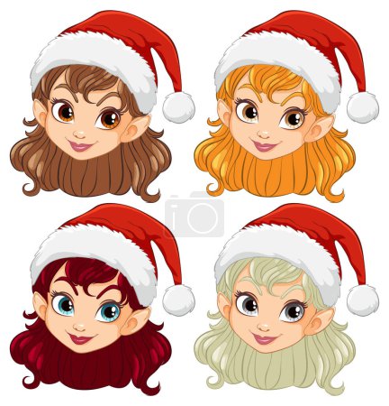 Vier fröhliche Zeichentrickmädchen feiern Weihnachten.