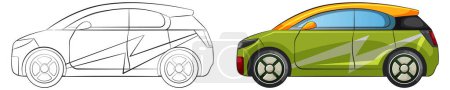 Téléchargez les illustrations : Transition vectorielle de l'art de la ligne de voiture à la couleur - en licence libre de droit