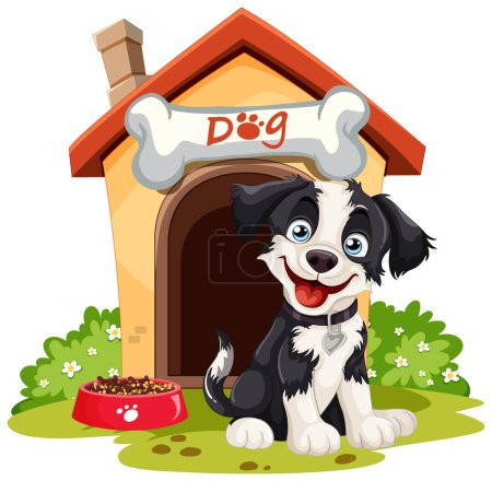 Cartoon puppy with a doghouse and food bowl.