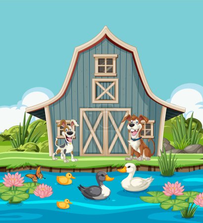 Ilustración de Animales de dibujos animados junto al granero y el estanque - Imagen libre de derechos