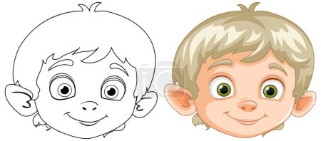 Téléchargez les illustrations : Transformation du visage d'un garçon de l'art linéaire à la couleur. - en licence libre de droit