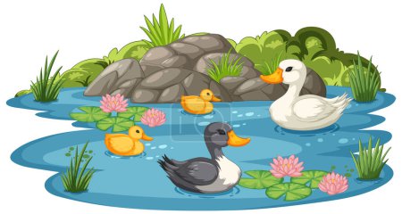 Vector illustration of ducks in a tranquil pond setting