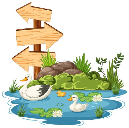 Téléchargez les illustrations : Illustration vectorielle de canards dans un étang serein - en licence libre de droit