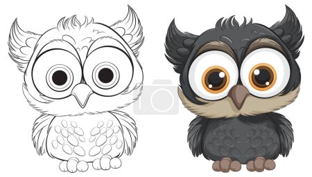 Illustration for Two styles of a cartoon owl, colored and outlined. - Royalty Free Image