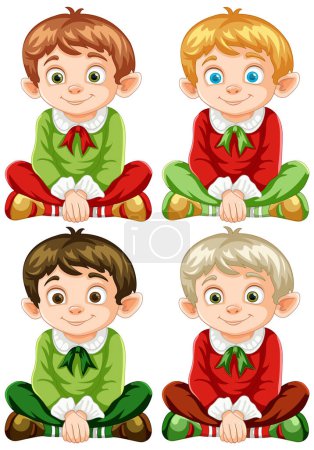 Illustration for Colorful illustration of four smiling elf characters. - Royalty Free Image