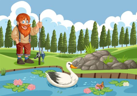 Téléchargez les illustrations : Homme barbu joyeux pêche près d'un étang calme - en licence libre de droit