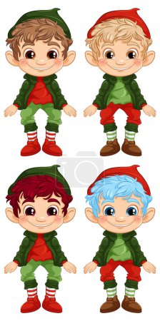Téléchargez les illustrations : Quatre illustrations d'elfes avec différentes couleurs de cheveux. - en licence libre de droit