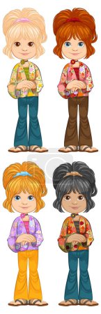 Ilustración de Cuatro niños de dibujos animados con diferentes peinados y ropa. - Imagen libre de derechos