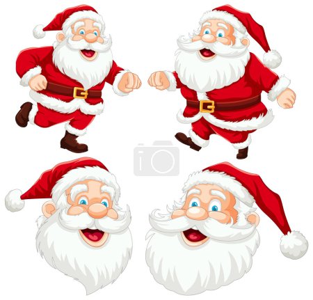 Cuatro alegres ilustraciones de Santa Claus en varias poses.
