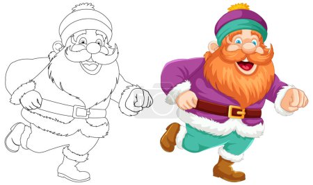 Téléchargez les illustrations : Illustrations du Père Noël noir et blanc et coloré côte à côte. - en licence libre de droit
