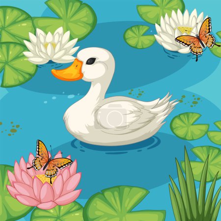 Ilustración de Pato flotando entre lirios con mariposas visitantes. - Imagen libre de derechos