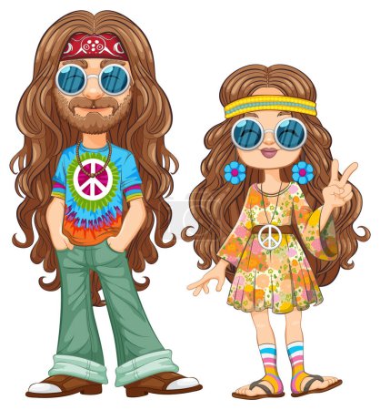 Téléchargez les illustrations : Dessin animé d'un couple hippie en costume coloré des années 70. - en licence libre de droit