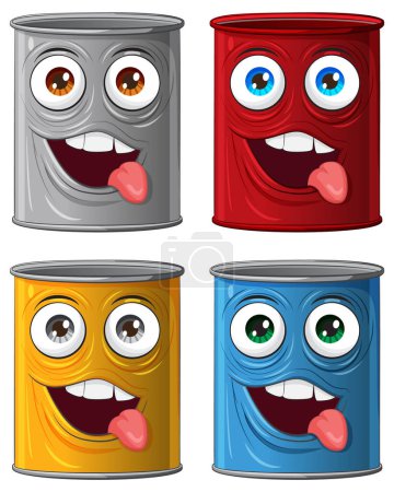 Ilustración de Cuatro latas de pintura animada que muestran diferentes emociones. - Imagen libre de derechos