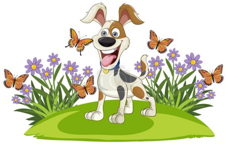 Cheerful cartoon dog surrounded by flying butterflies.