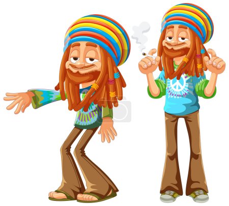 Two cheerful Rastafarian figures in vibrant attire.