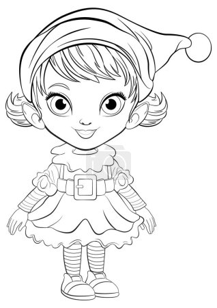 Illustration for Cute elf girl in festive attire ready for coloring. - Royalty Free Image