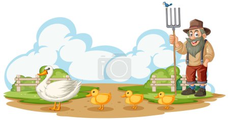 Cheerful farmer standing with ducks and a goose.