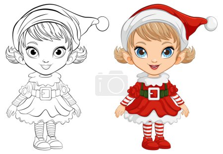 Téléchargez les illustrations : Illustrations d'art colorées et linéaires d'une fille elfe de Noël. - en licence libre de droit